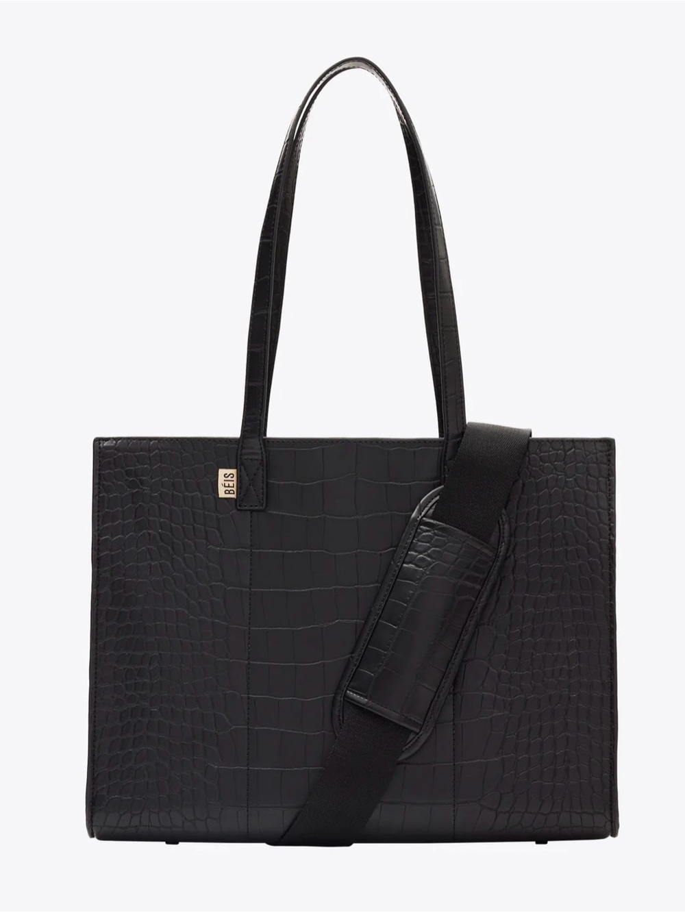 BEIS Black Croc-Embossed Laptop Tote with Detachable Padded Strap